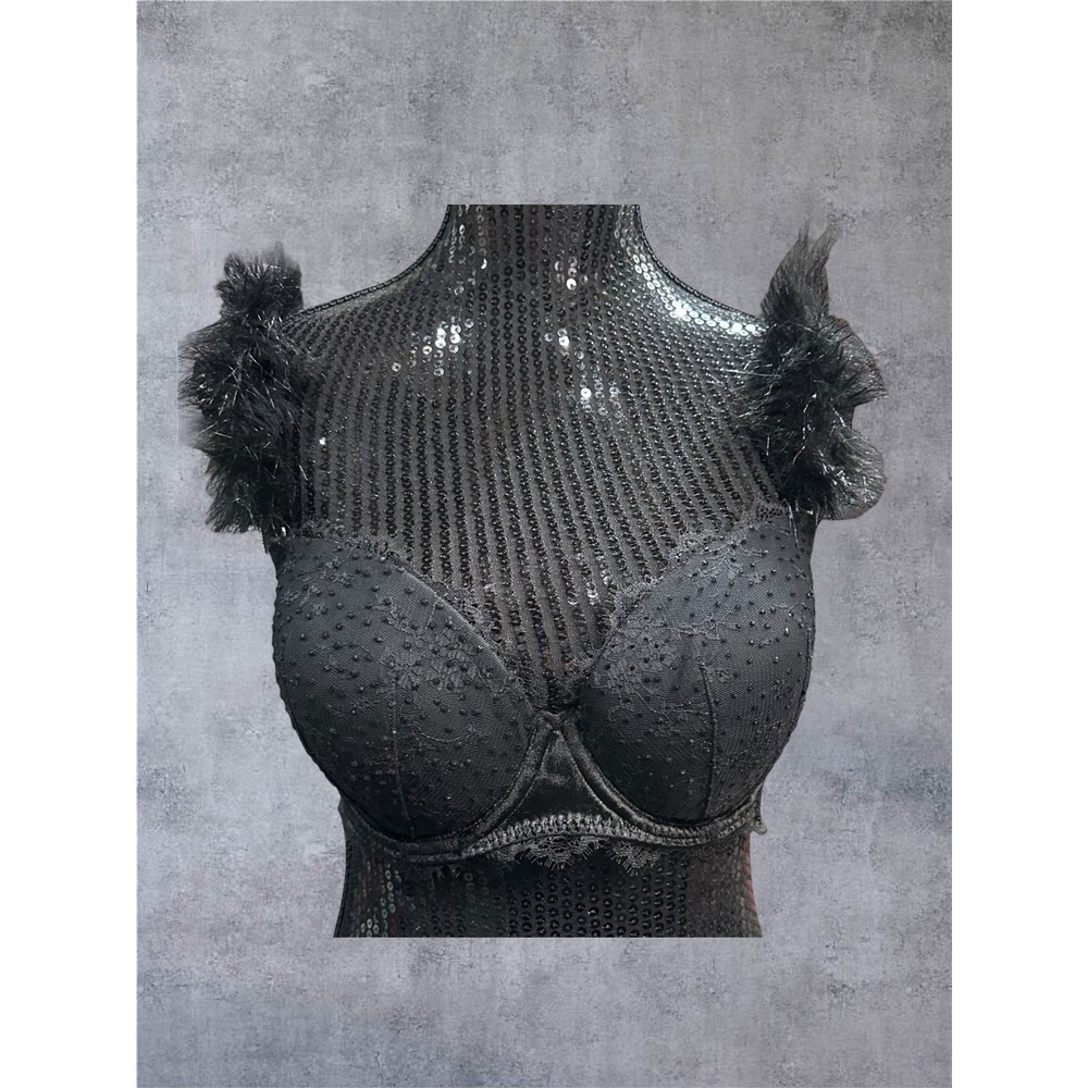 Victoria's Secret Dream Angels Bra Womens 34DD Black Faux Fur Lace EUC